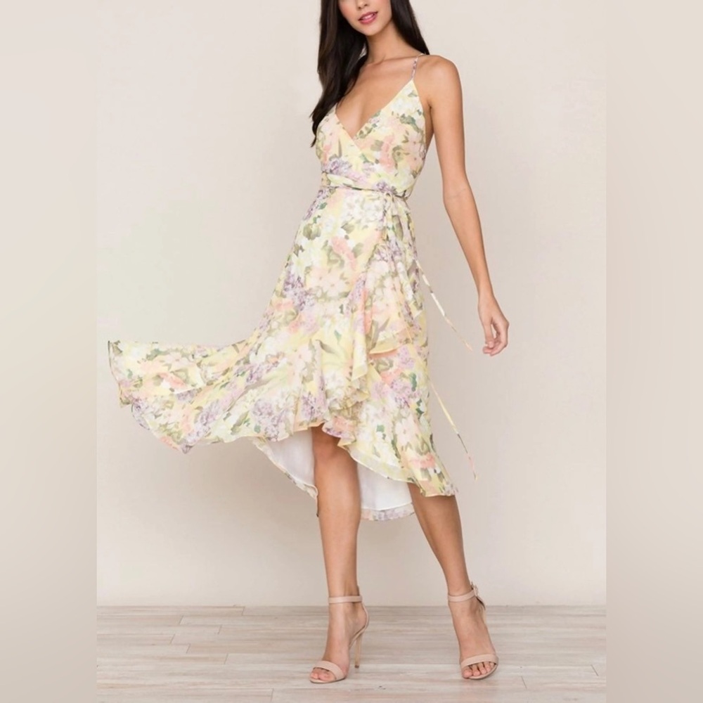 Yumi Kim Garden Light Lemon Yellow Floral High Low Wrap Dress Size M